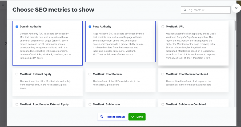 réglages metrics