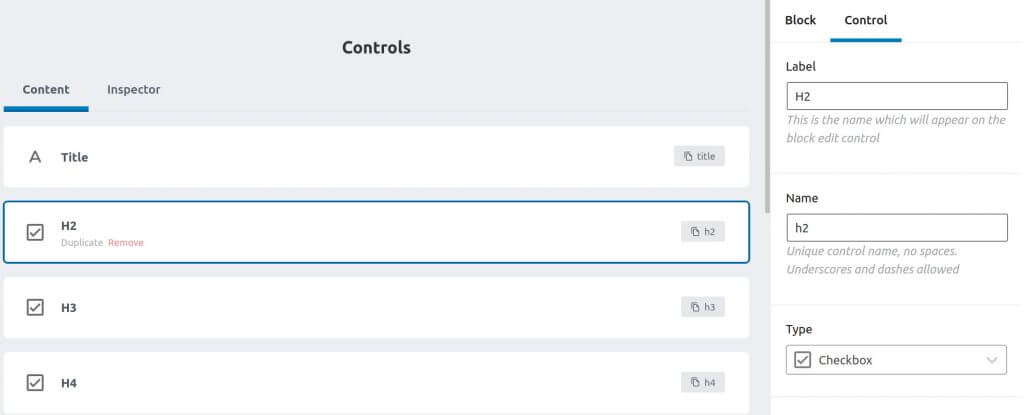 table of content block controls