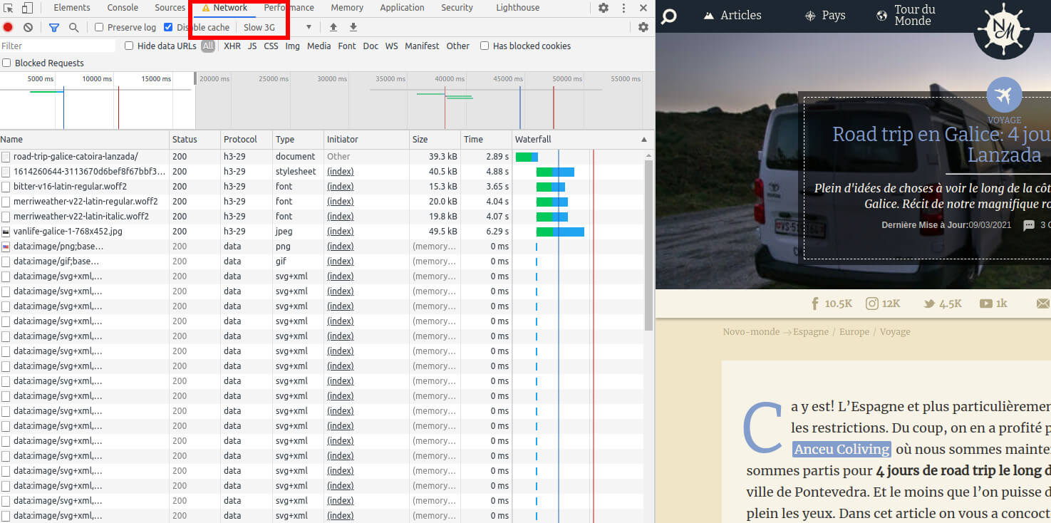 Chrome network tab with slow 3G