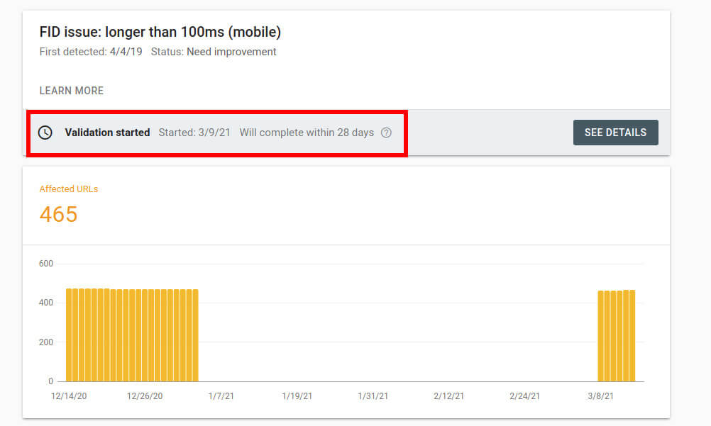 core web vitals validation in google search console