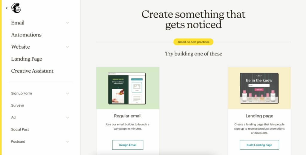 Creation feature of the email marketing platform Mailchimp