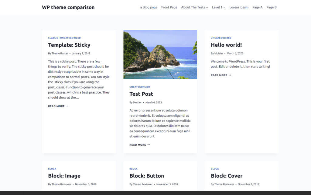 design de la page d'accueil pour les tests des thèmes WordPress